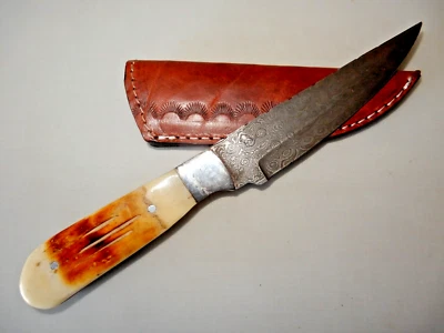 Custom Made 10.75" Knife, 5.5" Damascus blade, Bone handle, Custom Sheath UNUSED - Image 1 of 4