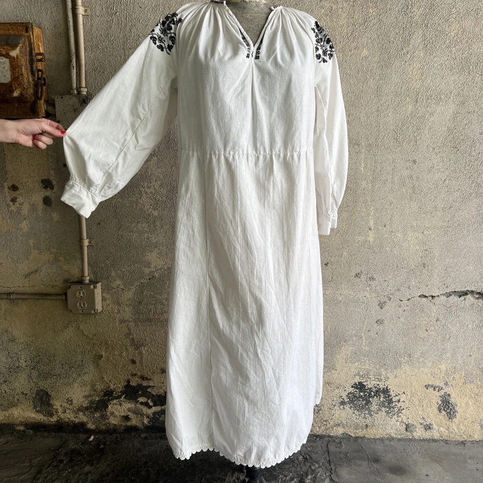 Vintage 1930s Romanian Folk Dress White Linen Black Floral Hand Embroidered 1920 - Image 1 of 4