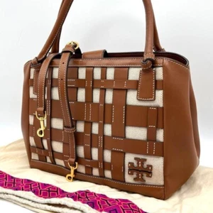 Tory Burch 2-way shoulder bag, McGraw satchel bag, canvas, leather, genuine - Picture 1 of 10