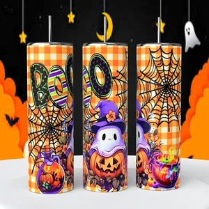 Halloween Ghost Boo Orange Gingham Spiderwebs 20 Oz Tumbler coffee Cup - Picture 1 of 1