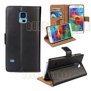 for Samsung galaxy S5 black genuine leather flip case wallet pocket stand s 5 - Picture 1 of 2