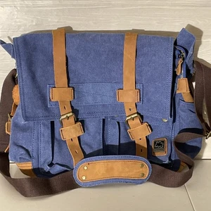 Sechunk Messenger Bag Blue Denim Canvas with Brown Leather Trim, Aged Hardware - Picture 1 of 10