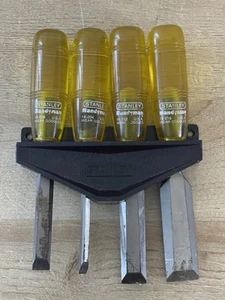 4 Vintage Stanley Workmaster Yellow Handle Wood Chisels w/ Holder - Picture 1 of 12