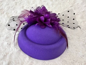 Purple Black Polkadots Fascinator Pillbox Flower Feather Hat  Wedding Tea Party - Picture 1 of 7