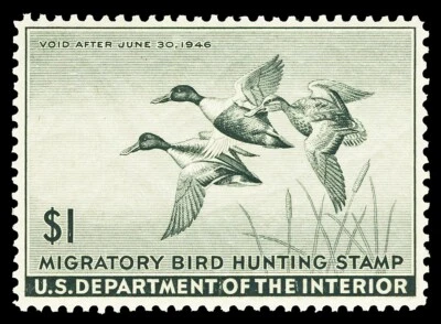 Scott RW12 1945 $1.00 Duck Stamp Mint VF OG NH Cat $100 - Image 1 of 2