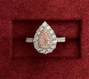 14K Gold 1.6 Ct Pear Cut Lab Grown Fancy Vivid Pink Diamond Engagement Halo Ring - Picture 1 of 12