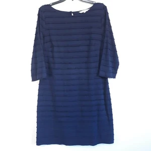 Trina Turk Dress Sz 10 Blue Knee-Length Shift Fringe Silk Lined 3/4 Sleeve EUC - Picture 1 of 12