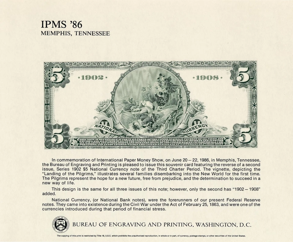 BEP SOUVENIR CARD B93 ISSUED 1986 SHOWING SERIES 1902 $5 NOTE "PILGRIMS" - Image 1 of 1