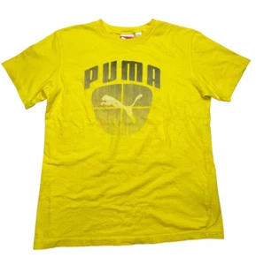 VTG Y2K PUMA Distressed Yellow T-shirt Big Puma Logo spell out Boys M - Picture 1 of 9
