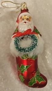  Glass Santa STOCKING Ornament Hand Painted W/ Red Jewels & Grn Leaves Gold Trim - Picture 1 of 5