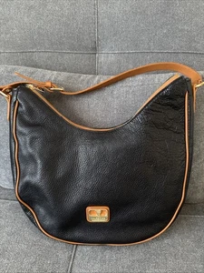 Valentina Italy LG Black Leather Brown Trim LOGO Hobo Shoulder Bag Purse MINT - Picture 1 of 10