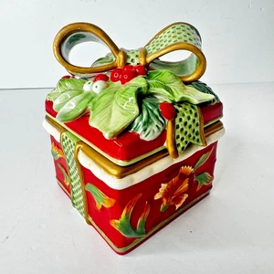 Fitz & Floyd Christmas Bellacara Ceramic Lidded Gift Trinket Box Candy Jar - Picture 1 of 7