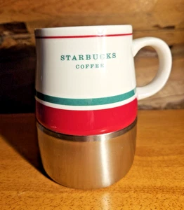 Starbucks Stainless Steel Ceramic Mug 14Oz Red Green Stripe 2006 Holiday No Lid - Picture 1 of 7