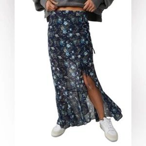 Free People Femme Edge Maxi Skirt Faux Wrap Sheer Navy Floral Size 0 - Picture 1 of 10