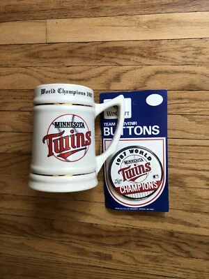 Minnesota Twins 1987 World Series baseball beer Gold mug + 3.5 Button Pin back - Image 1 of 4