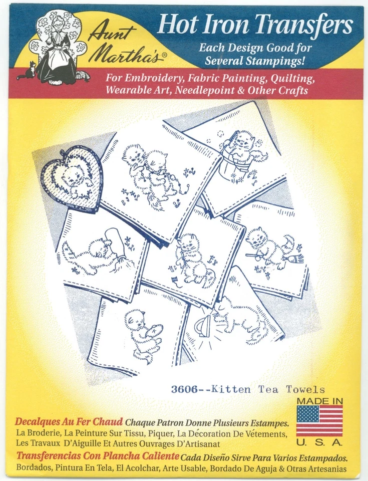 Kitten Tea Towels Aunt Martha's Hot Iron Embroidery Transfer #3606 - Image 1 of 1