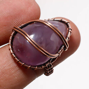 African Amethyst Gemstone Copper Wire Wrapped Handcrafted Jewelry Ring 7" PG 254