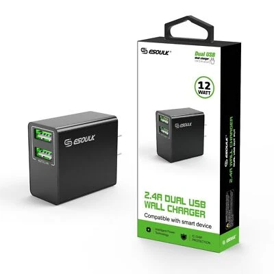 ESOULK 12W 2.4A Dual USB Wall Charger Adapter fast charger (bk) - Image 1 of 4