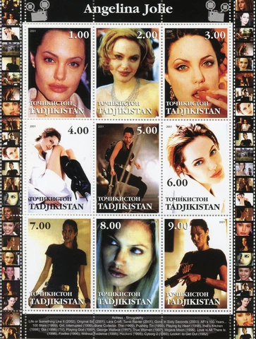 Tajikistan Celebrities Stamps 2001 MNH Angelina Jolie Tombraider Actors 9v M/S Cover