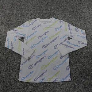 Champion Shirt Boys L White Graphic Spellout Logo AOP Long Sleeve Youth Kids - Picture 1 of 11