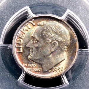 1959 Roosevelt Silver Dime 10c - PCGS GRADED MS66FB - *TONER ARCOBALENO* - Foto 1 di 4