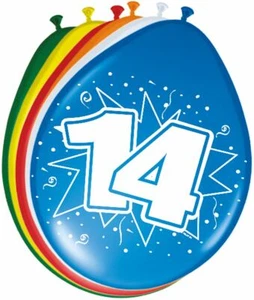 8 X NUMBER 14 LATEX BALLOONS AGE 14TH BIRTHDAY - ASSORTED COLOURS 30CM (12") - Picture 1 of 1