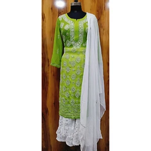 New Lucknowi Green Mirror Georgette Kurta, Sharara, Dupatta, Inner Set 34 to 44 - Picture 1 of 4