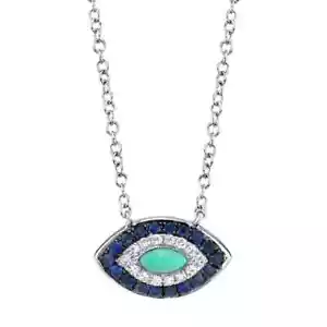Collar Colgante Ojo Oro Blanco 14K Marquesa Turquesa Zafiro Diamante 0.25 CTW - Imagen 1 de 5