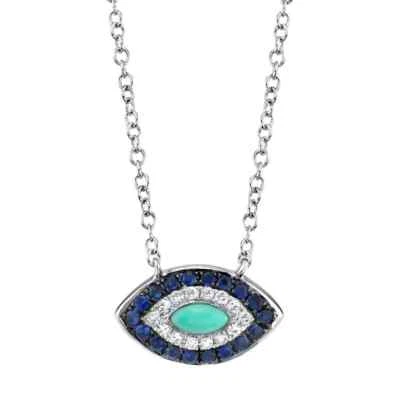 14K Oro Blanco Ojo Colgante Collar Marquesita Turquesa Diamante Zafiro 0.25Ctw - Imagen 1 de 4