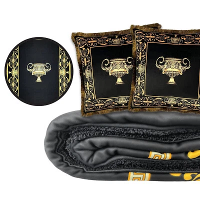 3er SET Kissen Dekokisssen Sherpa Kuscheldecke Kissenbezug Amphore schwarz gold - Bild 1 von 4