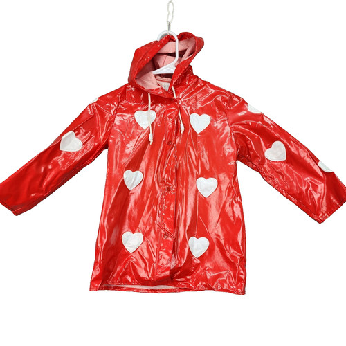 Impermeabile vintage anni 80 San Valentino bambina 6X cuori rossi bianchi con cappuccio pvc a scatto