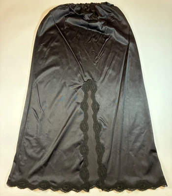 Vintage 60s ARISTOCRAFT Black HALF SLIP Large LONG Lace Hem Slit BOUDOIR Goth - Image 1 of 4