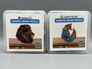 Lot of 2 Small Wooden Puzzles a Mandala Inpired Lion & Fox Great for Gifts - Photo 1/4
