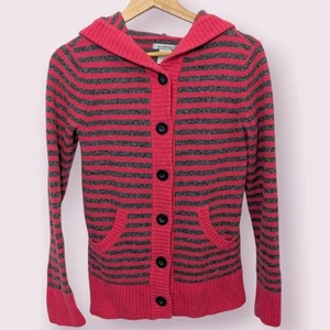Gap Damen Strickjacke 100% Lammwolle gestreift Kapuze rosa & grau Small - Bild 1 von 12