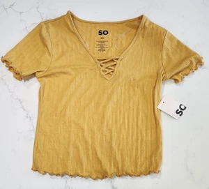 SO Juniors Size Extra Small Scallop Short-Sleeve Mustard Yellow Lace-Up Top NWT - Picture 1 of 9