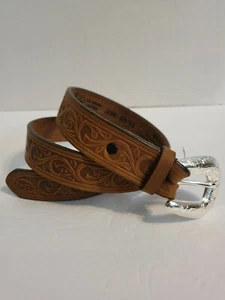Justin Hope Aged Bark Western Scroll Trophy Belt Top Grain Leather Sz 28 815BD - Picture 1 of 6