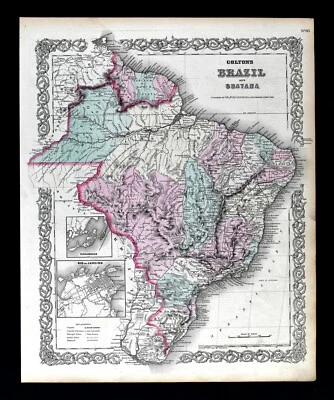 Mapa Colton América del Sur 1874 Brasil Guayana Río de Janeiro Amazon Sao Paulo SA Foto 1 de 4