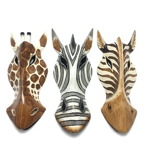 Zebra Jirafa Caballo Máscara de madera Tallado a mano Safari africano Pared colgando 10 pulgadas - Imagen 1 de 14
