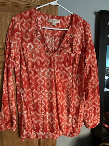 MICHAEL KORS Camicia pullover geometrica piccola arancione con collo a v lacci