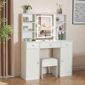 Modern Makeup Desk Dressing Table Stool Set with Hollywood LED Mirror 3 Drawers - Picture 1 of 10