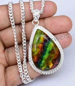 26Gm Natural Ammolite Gemstone 925 Sterling Silver Pendant With Chain Certified - Picture 1 of 10