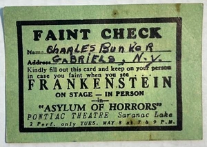 Vintage Ticket Faint Check Frankenstein Show Pontiac Theatre Saranac Lake 1950's - Picture 1 of 4