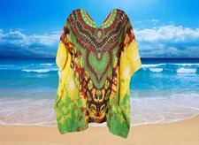 Womens Caftan Dress, Knee Length Green Print Beach Cover Up Sheer Dresses L-2XL
