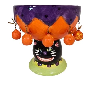 Halloween Candy Dish Black Cat Jack o Lantern JOL Hanging Pedestal Ceramic 5 in - Picture 1 of 15