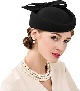 Wool Felt Fascinator Women Elegant Pillbox Hat Bowknot Derby Church Hat Retro Fe - Picture 1 of 6