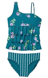 Justice Girls Tankini Swimsuit 12/14 Teal Floral Stripes Ruffles Logo 2 Pieces - Picture 1 of 12