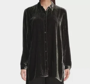 Eileen Fisher Sz XXS Womens Long Shirt Silk Velvet Tunic Graphite Button Down - Picture 1 of 13