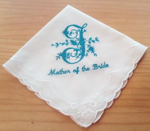 Ladies Hankie Embroidered 'Mother of the Bride' Initial 'J' Scalloped Edge - Picture 1 of 3