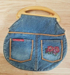 Y2K Women vintage jean pocket embroidered boho purse wooden handle hobo handbag - Picture 1 of 5