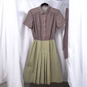 Vintage Plaid Pleated Shirt Dress Cottage Core Prairie Style Size 14 Brown 1950s - Picture 1 of 9